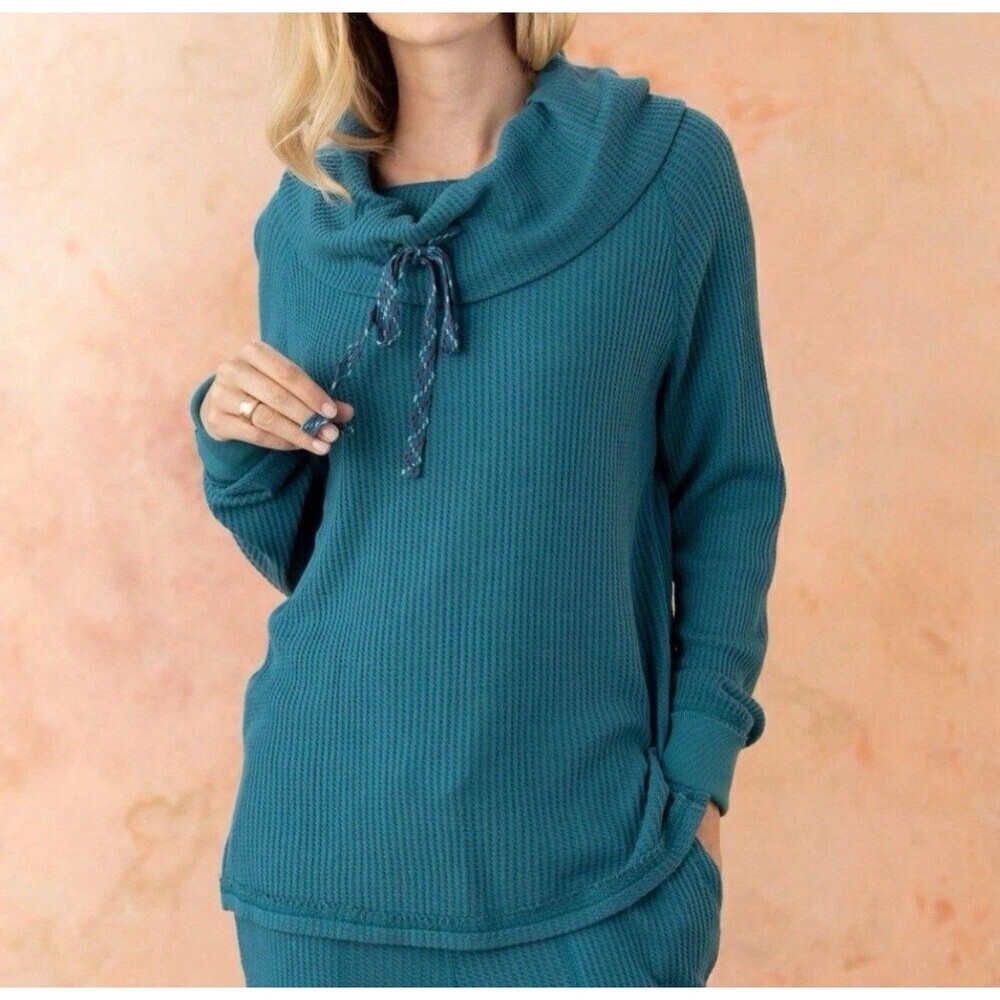 Sundance Women's XS Thermal Waffle Knit Top Adjustable Cowl Neck‎ Teal Cotton